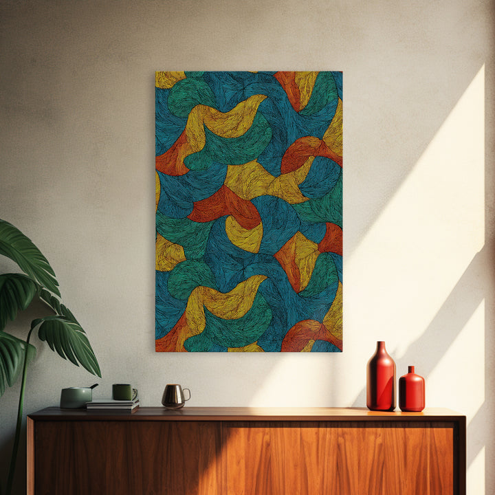 Textured Teal Rust Ribbon Abstract Wall Art, Mid Century Modern Art Print, Retro Pattern Home Office Decor For Living Room