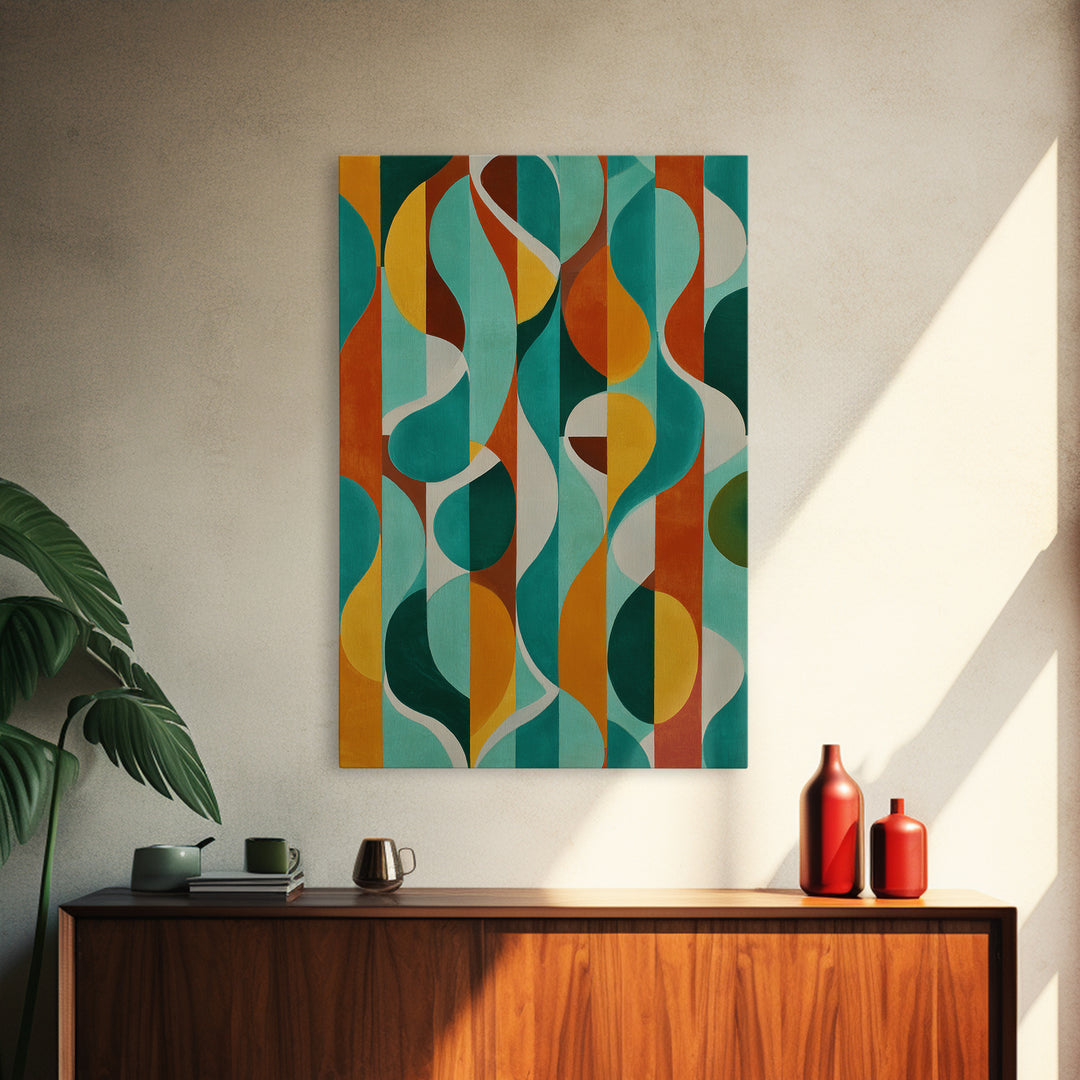 Teal Orange Circle Stripe Canvas Print, Mid Century Modern Wall Art, Bold Geometric Abstract Living Room Retro Home Decor