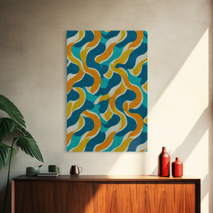 Wavy Teal Gold Ribbon Abstract Wall Art, Mid Century Modern Canvas Print, Retro Geometric Pattern Bedroom Living Room Decor