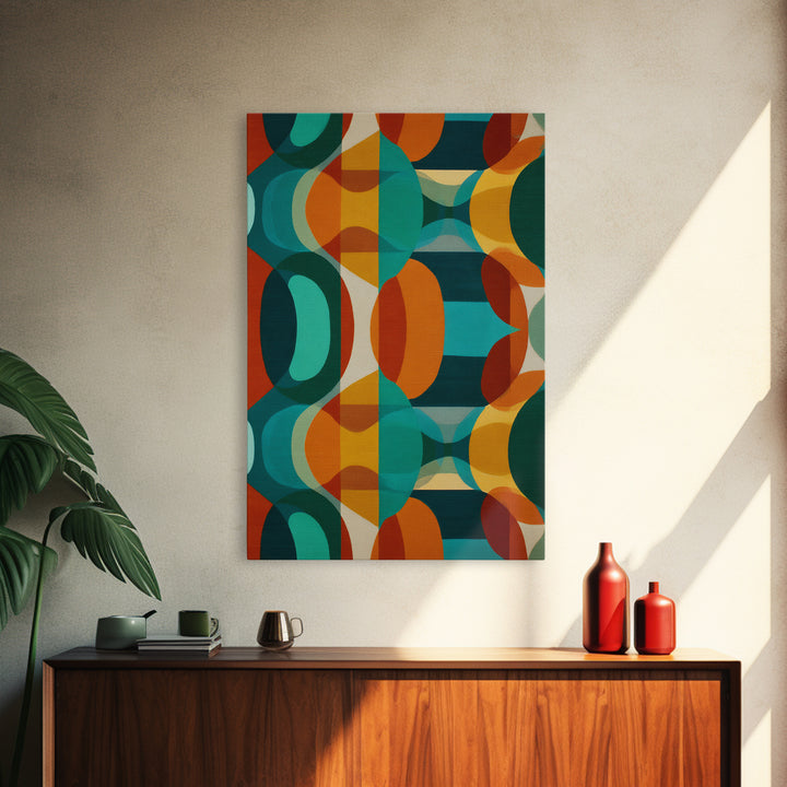 Overlapping Teal Orange Circle Canvas Print, Mid Century Modern Wall Art, Bold Geometric Abstract Retro Home Office Decor