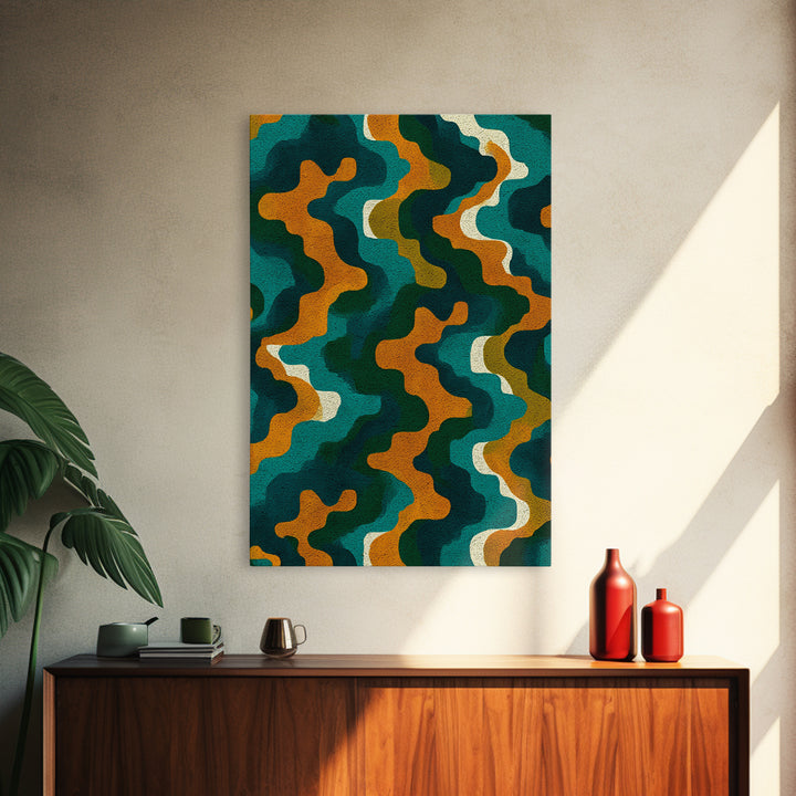 Organic Teal Orange Wave Abstract Wall Art, Mid Century Modern Canvas Print, Retro Groovy Funky Pattern Living Room Decor