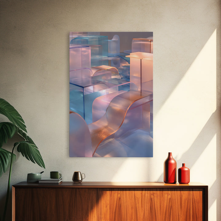 Pastel Glass City Blocks, Canvas Print, Modern Abstract Art, Architectural Wall Decor, Soft Blue Pink Home Office Artwork