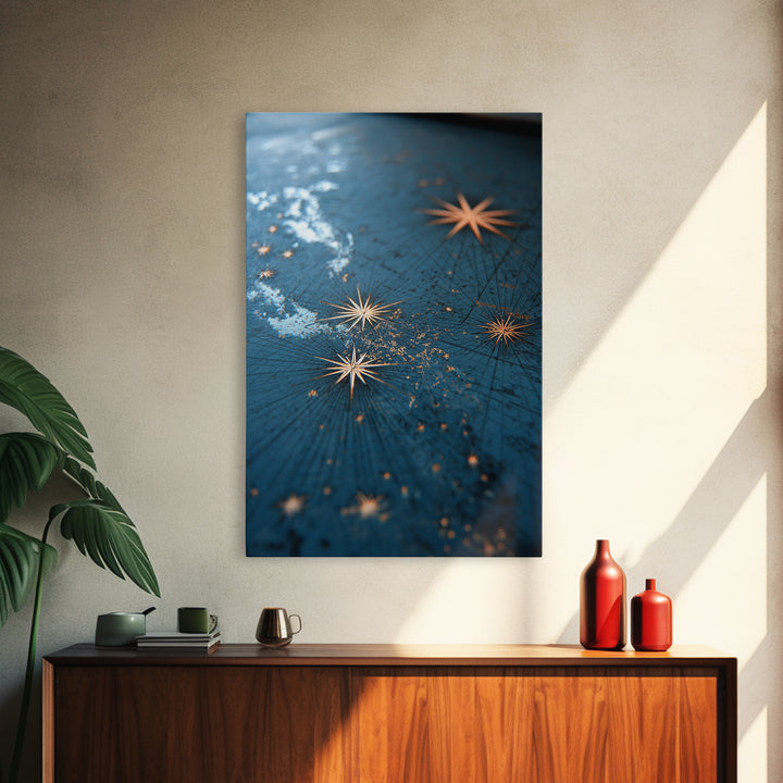 Gold Starburst Night Sky Wall Art, Blue Celestial Abstract Print, Midcentury Modern Decor, Bedroom And Living Room Decor
