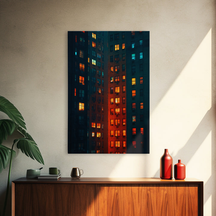 Glowing Apartment Windows Wall Art, Urban Night Photography Print, Modern Wall Decor, Cityscape Poster For Loft Living Room