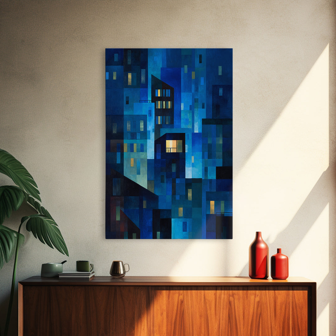 Abstract Blue City Blocks Wall Art, Geometric Night Buildings Print, Midcentury Modern Decor, Contemporary Living Room Art