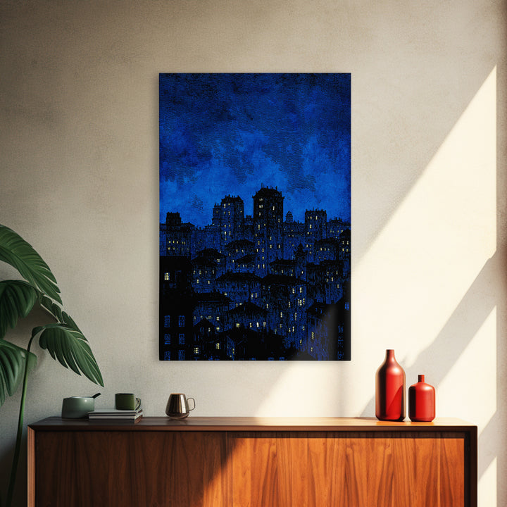 Indigo Linocut Cityscape Canvas Print, Night Skyline Wall Art, Blue Modern Art Print, Urban Home Office Decor Poster Gift