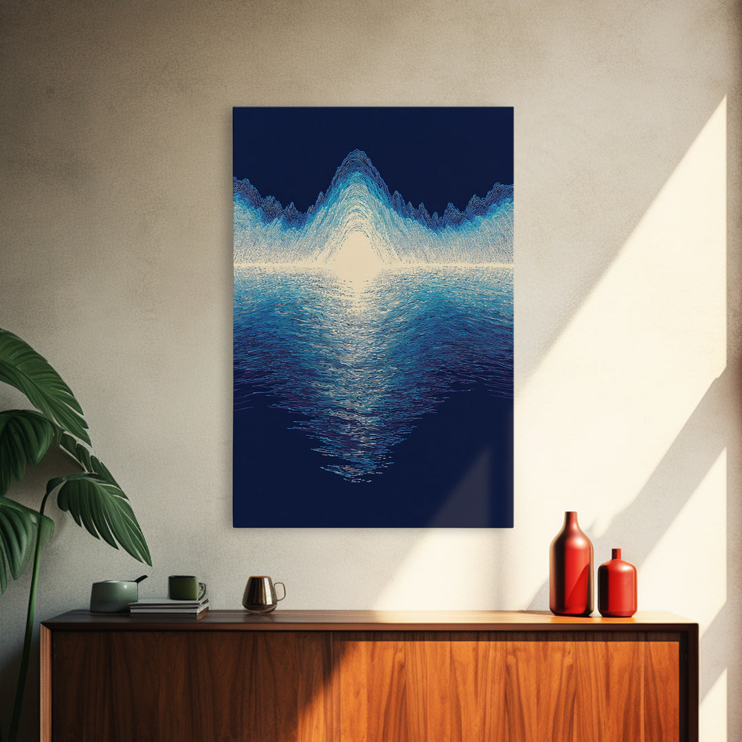 Luminous Blue Waveform Canvas Print, Abstract Ocean Light Wall Art, Modern Digital Art Poster, Meditation Room Decor Gift