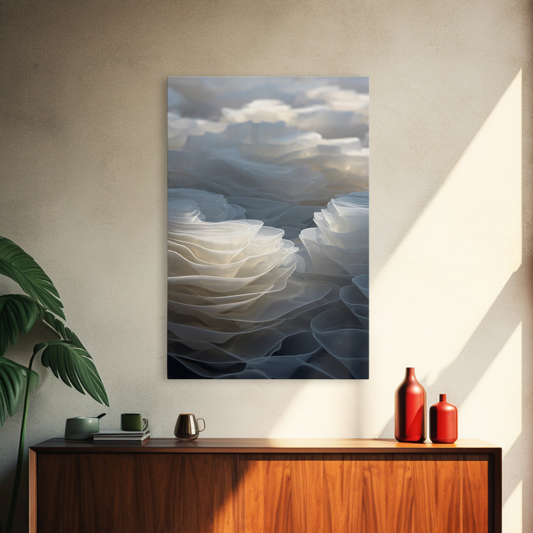 White Layered Petal Waves, Framed Canvas Print, Minimalist Wall Art, Neutral Abstract Decor, Soft Botanical Modern Artwork