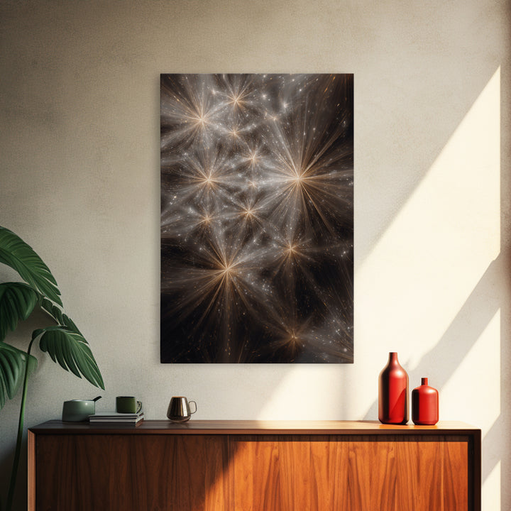 Golden Cosmic Starburst Network Framed Canvas Print, Space Abstract Art, Modern Wall Art, Statement Wall Decor, Luxury Home Decor