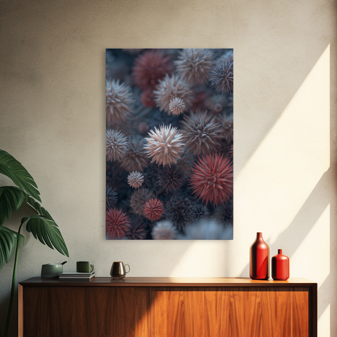 Surreal Spiky Coral Urchin Abstract Canvas Print, Blue Red Modern Art Print, Nature Wall Art Decor, Coastal Statement Piece