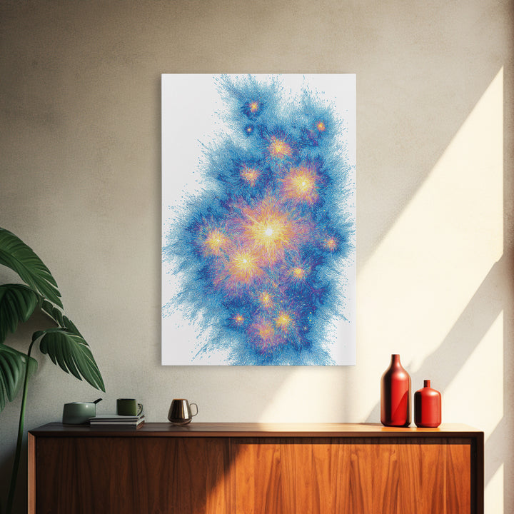 Blue Gold Particle Burst Abstract Wall Art, Modern Digital Art Print, Space Abstract Art, Colorful Poster, Home Office Decor