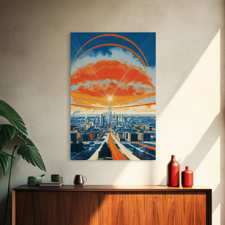 Retro Futurist City Sunset Wall Art, Orange Blue Midcentury Modern Poster, Architectural Art, Travel Wall Decor, Large Print