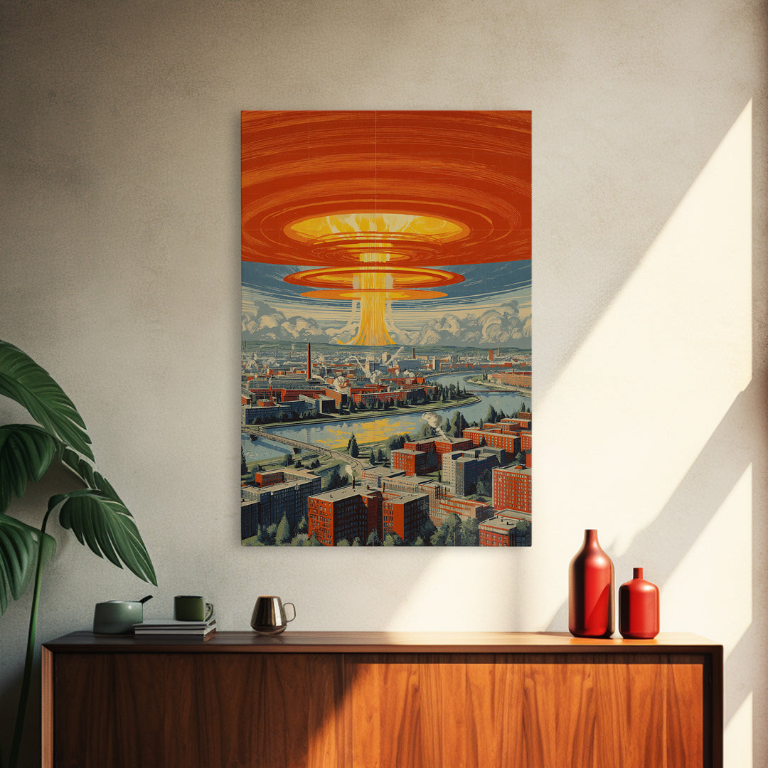Retro Futuristic City With Orange Saucer Beam, Canvas Print, Mid Century Modern Wall Art, Sci Fi Poster, Atomic MCM Decor