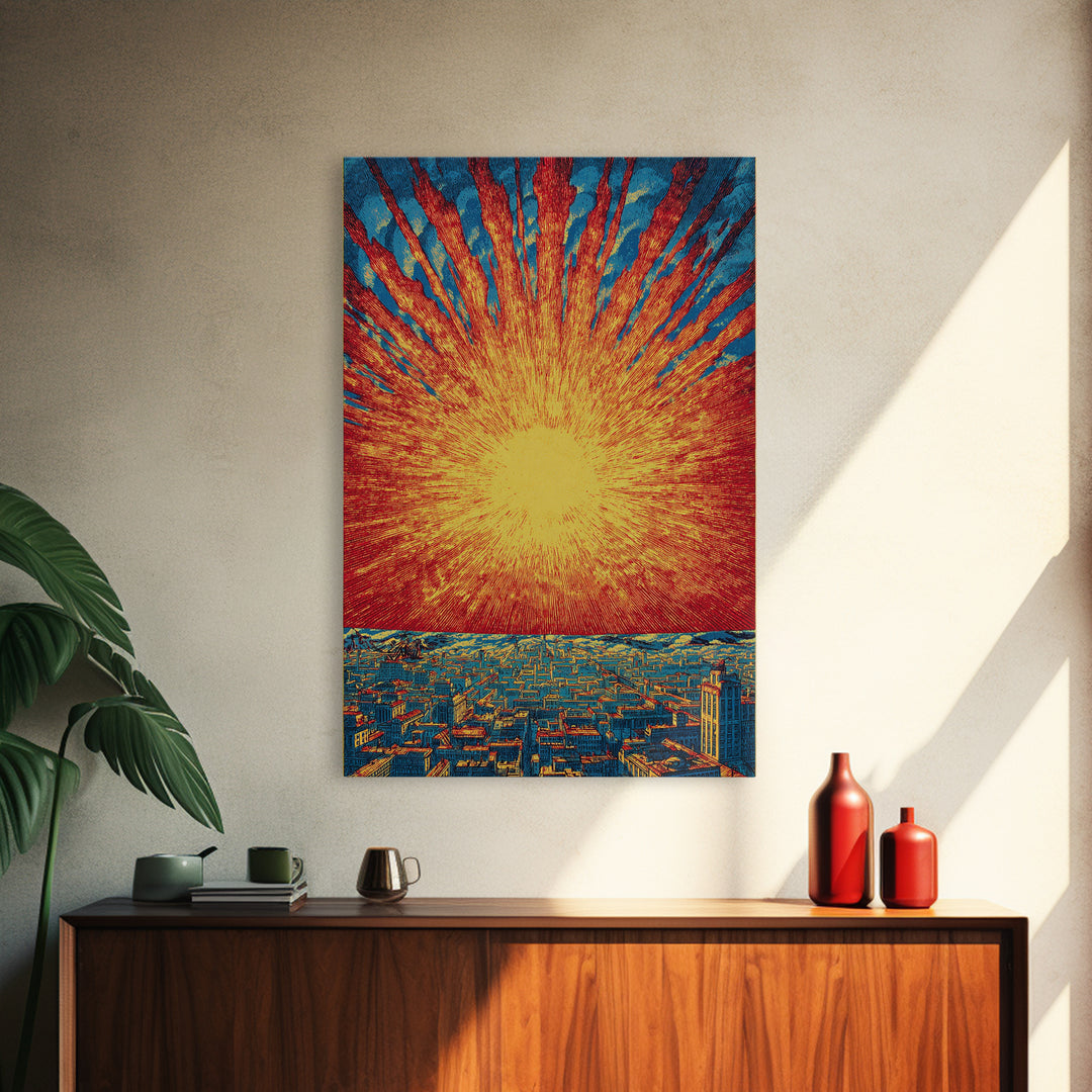 Fiery Solar Burst Over City Skyline, Wall Art, Mid Century Modern Art Print, Retro Sci Fi Poster, Atomic Orange Home Decor