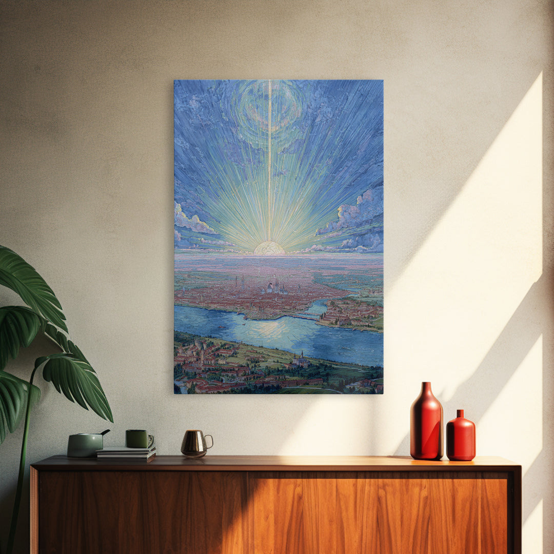 Pastel Sunrise Over Historic Waterfront City, Framed Canvas Print, Modern Wall Art, Scenic Travel Poster, Blue Home Decor