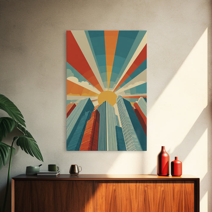 Low Angle Skyscrapers With Radiant Sun, Canvas Print, Mid Century Modern Wall Art, Geometric Poster, Retro Office Decor Print