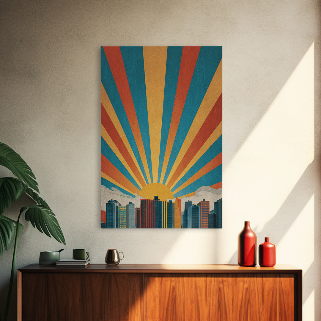 Bold Sunrise Behind Downtown Skyline, Canvas Print, Mid Century Modern Wall Art, Retro Geometric Poster, Teal Orange Decor