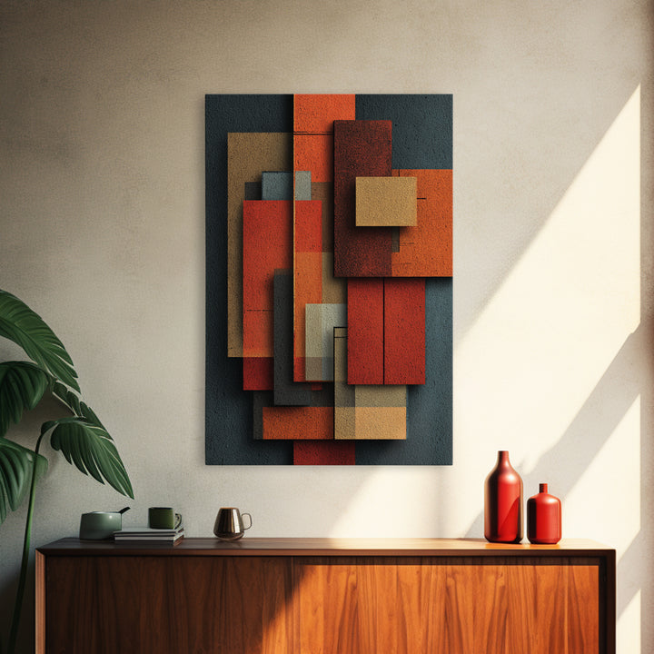 Rust Orange Teal Rectangles Framed Canvas Print, Midcentury Modern Geometric Wall Art, Atomic MCM Decor, Bold Abstract Painting