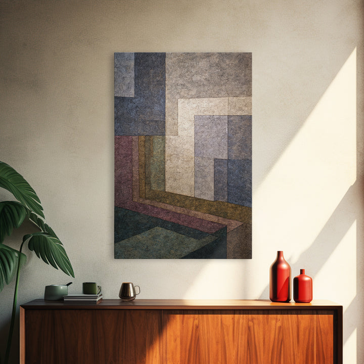 Moody Architectural Geometry Wall Art, Midcentury Modern Abstract Print, Neutral Blue Mauve Decor, Perspective Office Art