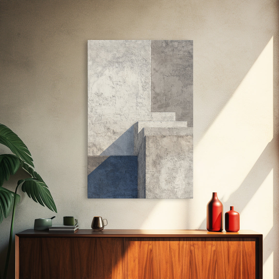 Minimal Concrete Stair Shadow Canvas Print, Modern Abstract Wall Art, Neutral Architectural Decor, Blue Beige Office Poster