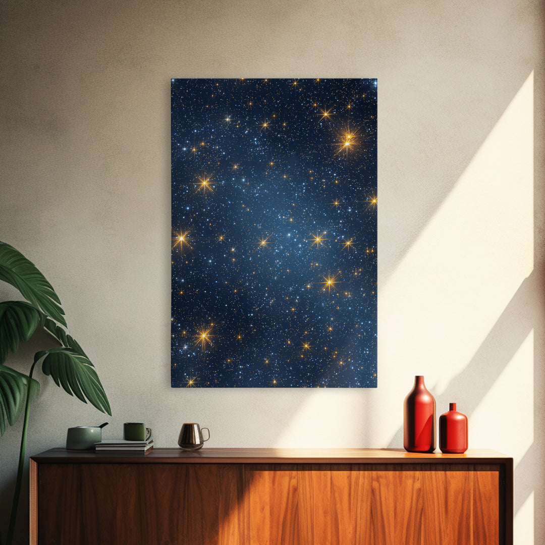 Blue Galaxy Gold Star Field Wall Art, Cosmic Retro Art Print, Space Abstract Art, Modern Celestial Decor, Starry Night Poster