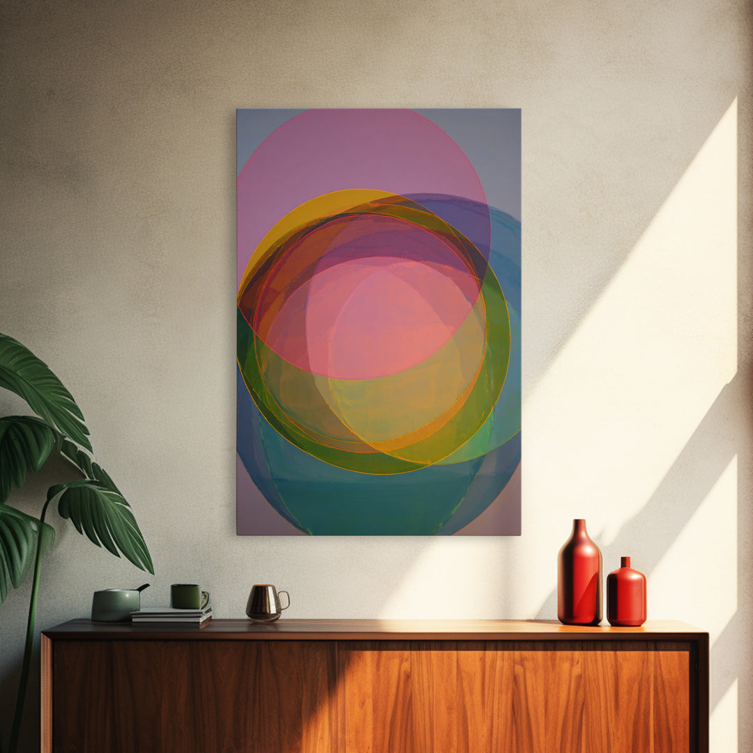 Colorful Transparent Circle Layers, Wall Art, Modern Abstract Art Print, Rainbow Geometric Decor, Bold Midcentury Poster