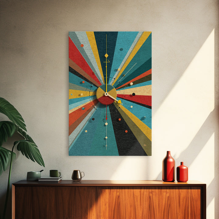 Textured Atomic Clock Sunburst Framed Canvas Print, Midcentury Modern Wall Art, Geometric MCM Poster For Living Room Decor