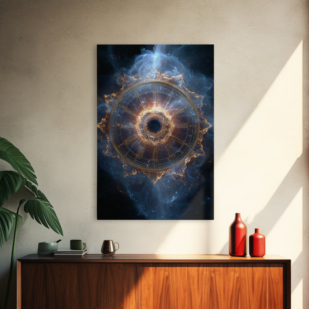 Glowing Cosmic Zodiac Clock Framed Canvas Print, Nebula Space Wall Art, Astrology Poster, Luxury Celestial Home Decor Gift