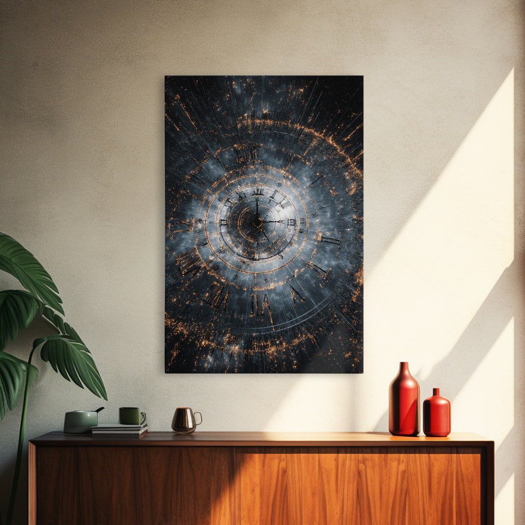 Smoky Spiral Time Clock Wall Art, Roman Numeral Galaxy Poster, Cosmic Framed Canvas Print, Dark Modern Office Decor Gift