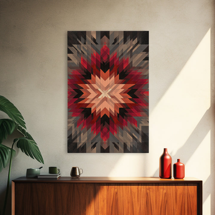 Red Gray Southwestern Starburst, Framed Canvas Print, Geometric Wall Art, Bold Abstract Decor, Rustic Modern Living Room Poster