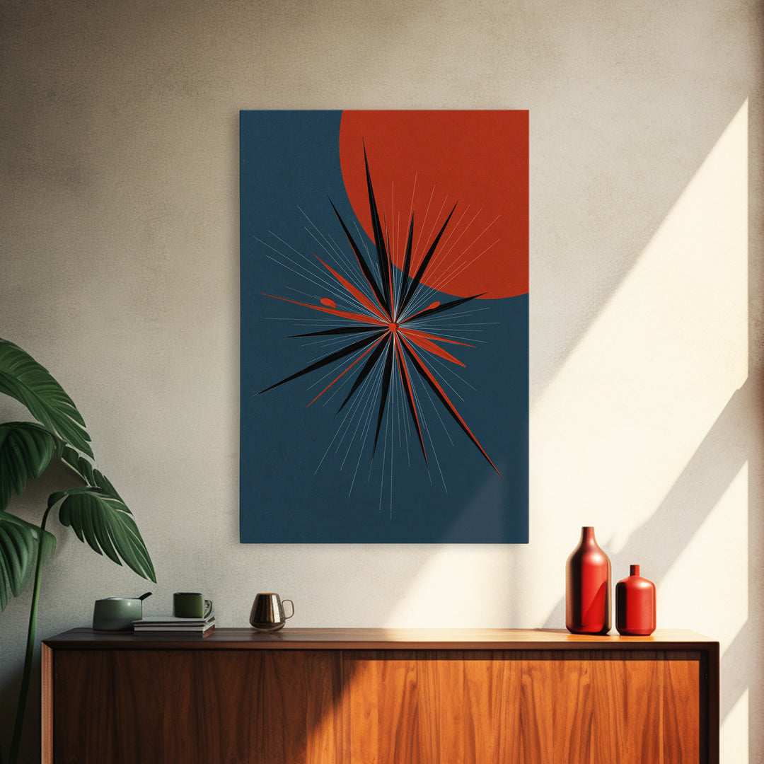 Red Sun Atomic Starburst Wall Art, Midcentury Modern Art, Retro Modern Poster, Blue Orange Abstract Print, Mcm Wall Decor