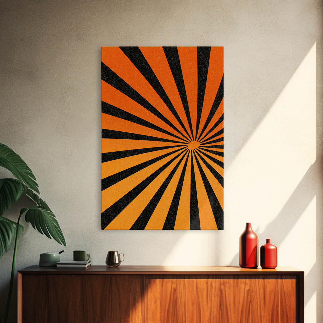 Orange Black Op Art Sunburst Canvas Print, Retro Wall Art, Geometric Art Print, Bold Mcm Decor, 70s Poster, Funky Wall Decor