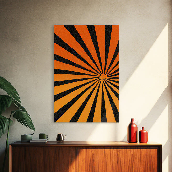 Orange Black Op Art Sunburst Canvas Print, Retro Wall Art, Geometric Art Print, Bold Mcm Decor, 70s Poster, Funky Wall Decor