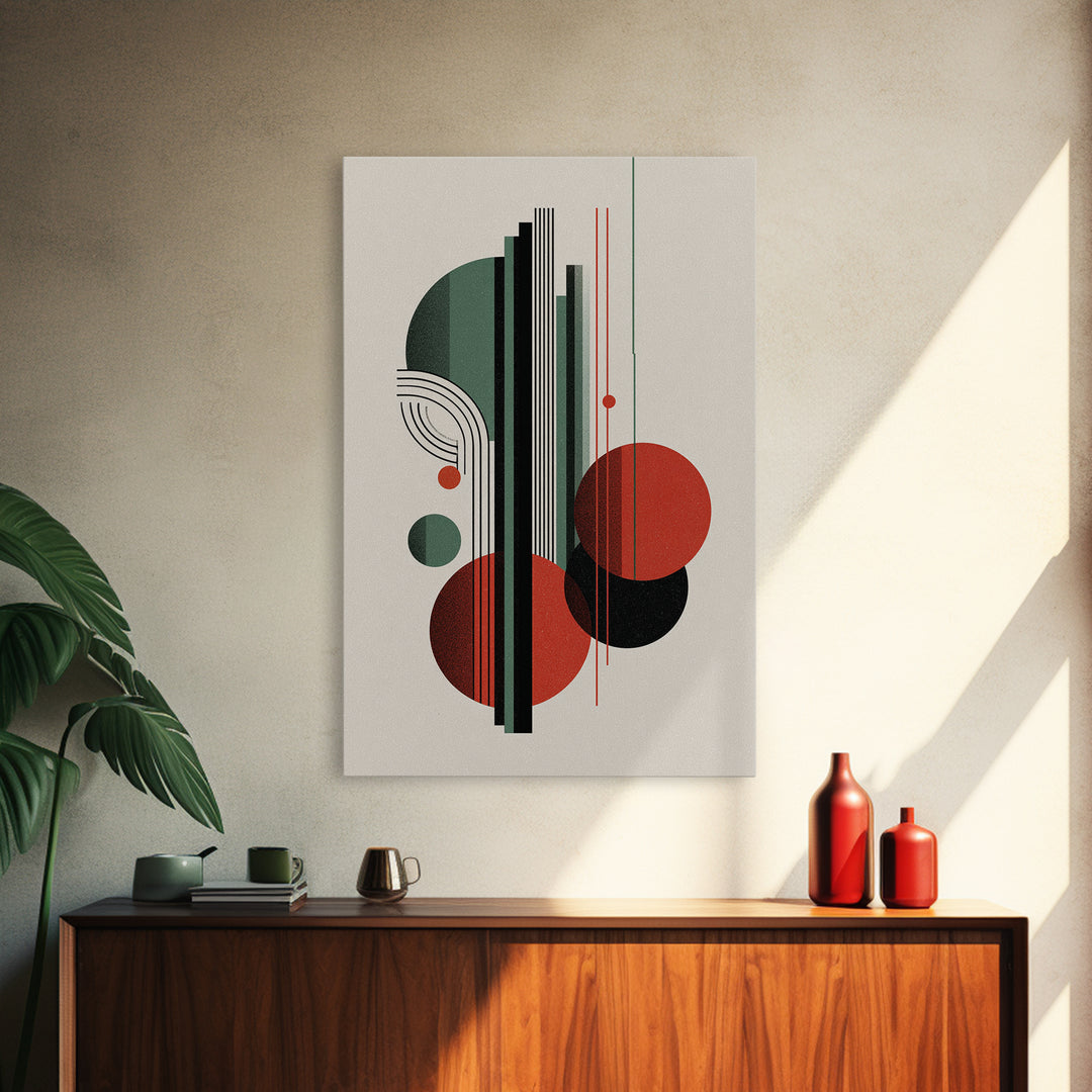 Red Green Bauhaus Circles Wall Art, Midcentury Modern Geometric Print, MCM Decor, Abstract Lines For Living Room Home Decor Print