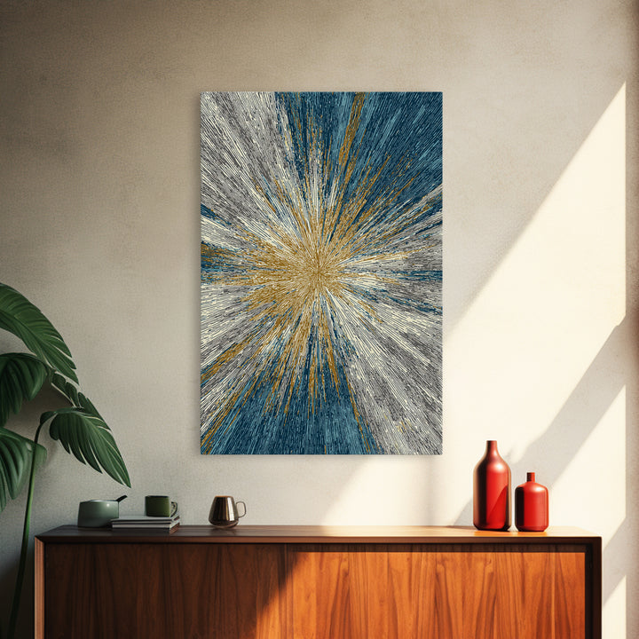 Gold And Teal Radiating Starburst Canvas Print, Midcentury Modern Art, Atomic Retro Wall Decor, Bold Geometric Home Decor