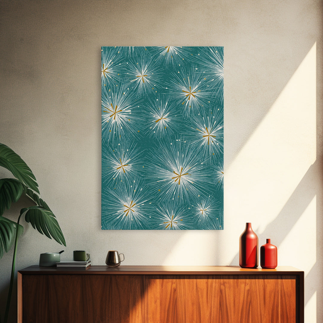 Teal Atomic Starburst Pattern Wall Art, Midcentury Modern Art Print, Retro Wall Decor, Gold White Abstract Home Decor Print