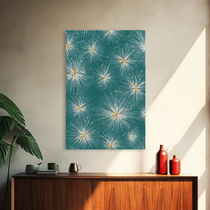 Teal Atomic Starburst Pattern Wall Art, Midcentury Modern Art Print, Retro Wall Decor, Gold White Abstract Home Decor Print