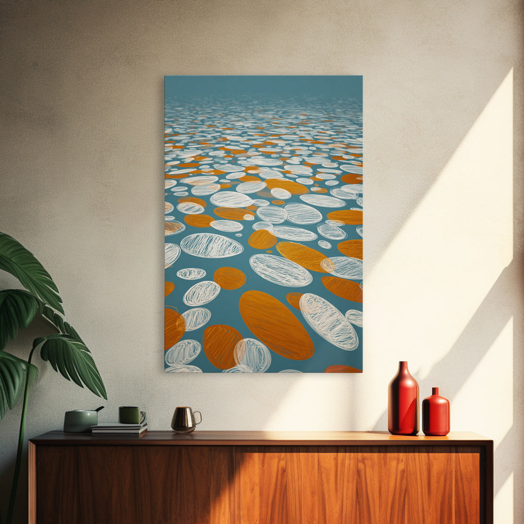 Orange White Floating Pebble Wall Art, Modern Abstract Art Print, Retro Geometric Decor, Blue Coastal Perspective Poster