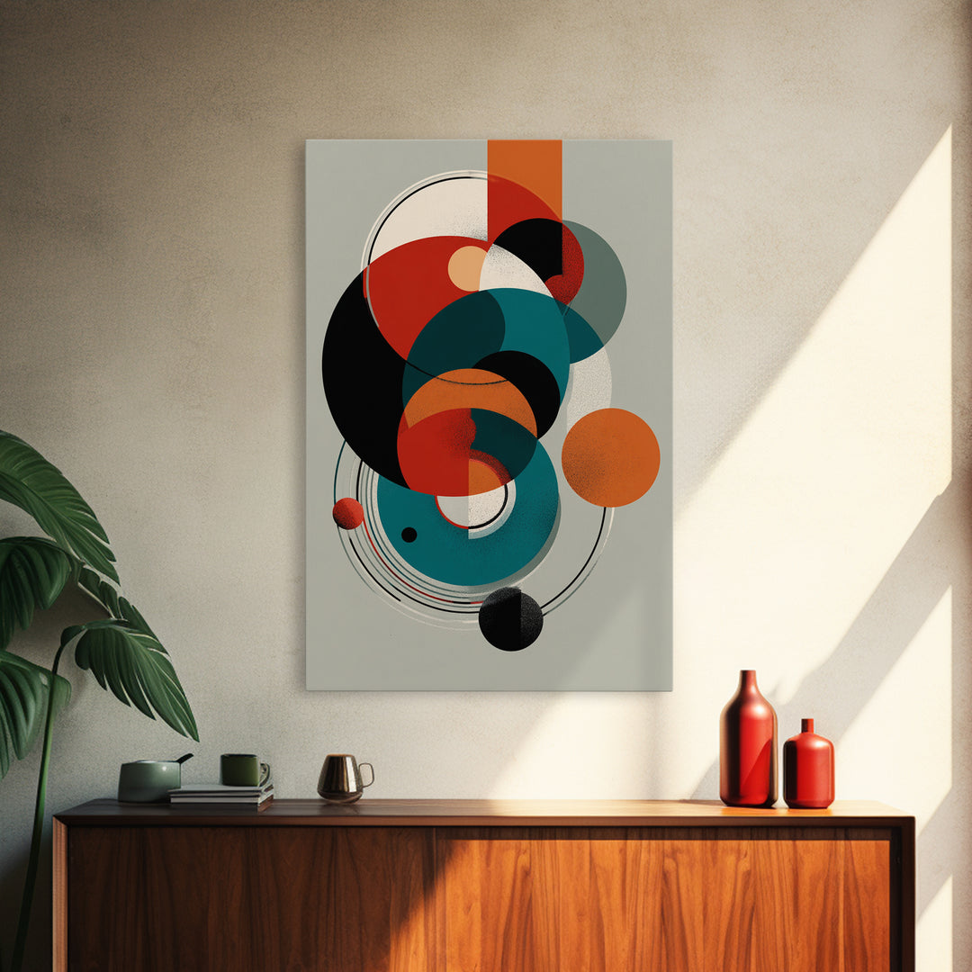 Orange Teal Geometric Circles Framed Canvas Print, Midcentury Modern Wall Art, Bauhaus Abstract Decor, Retro Home Decor Print