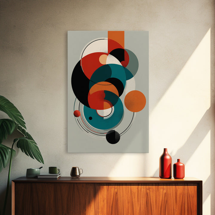 Orange Teal Geometric Circles Framed Canvas Print, Midcentury Modern Wall Art, Bauhaus Abstract Decor, Retro Home Decor Print