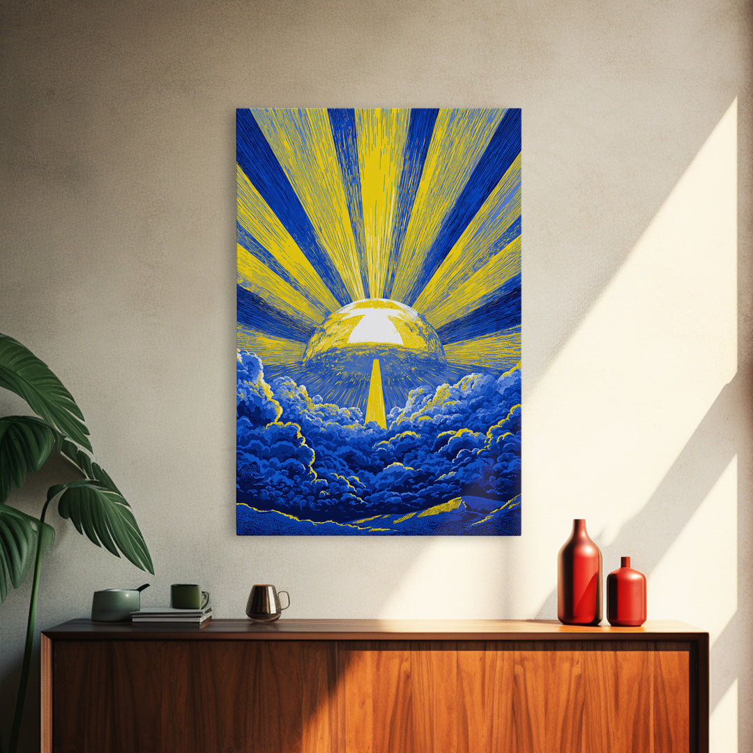 Blue Yellow Celestial Sunburst Canvas Print, Mid Century Modern Wall Decor, Abstract Sun Rays, Cosmic Retro Poster For Living Room