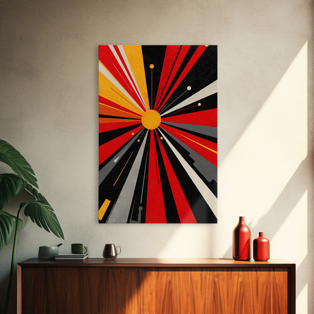 Atomic Red Black Starburst Canvas Print, Mid Century Modern Abstract Wall Art, Geometric Space Poster, Retro Bauhaus Decor