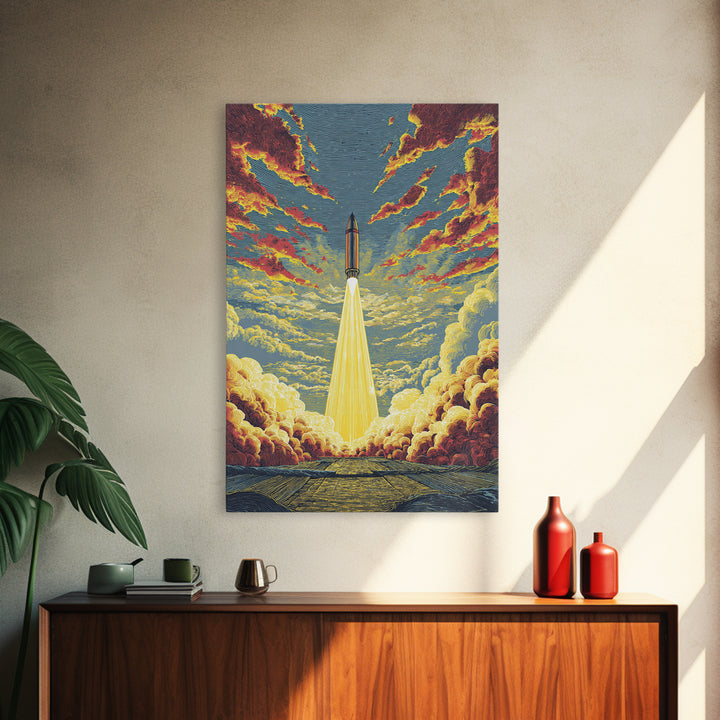 Golden Rocket Launch Framed Canvas Print, Mid Century Modern Space Wall Art, Retro Sci Fi Poster, Dramatic Cloudscape Decor
