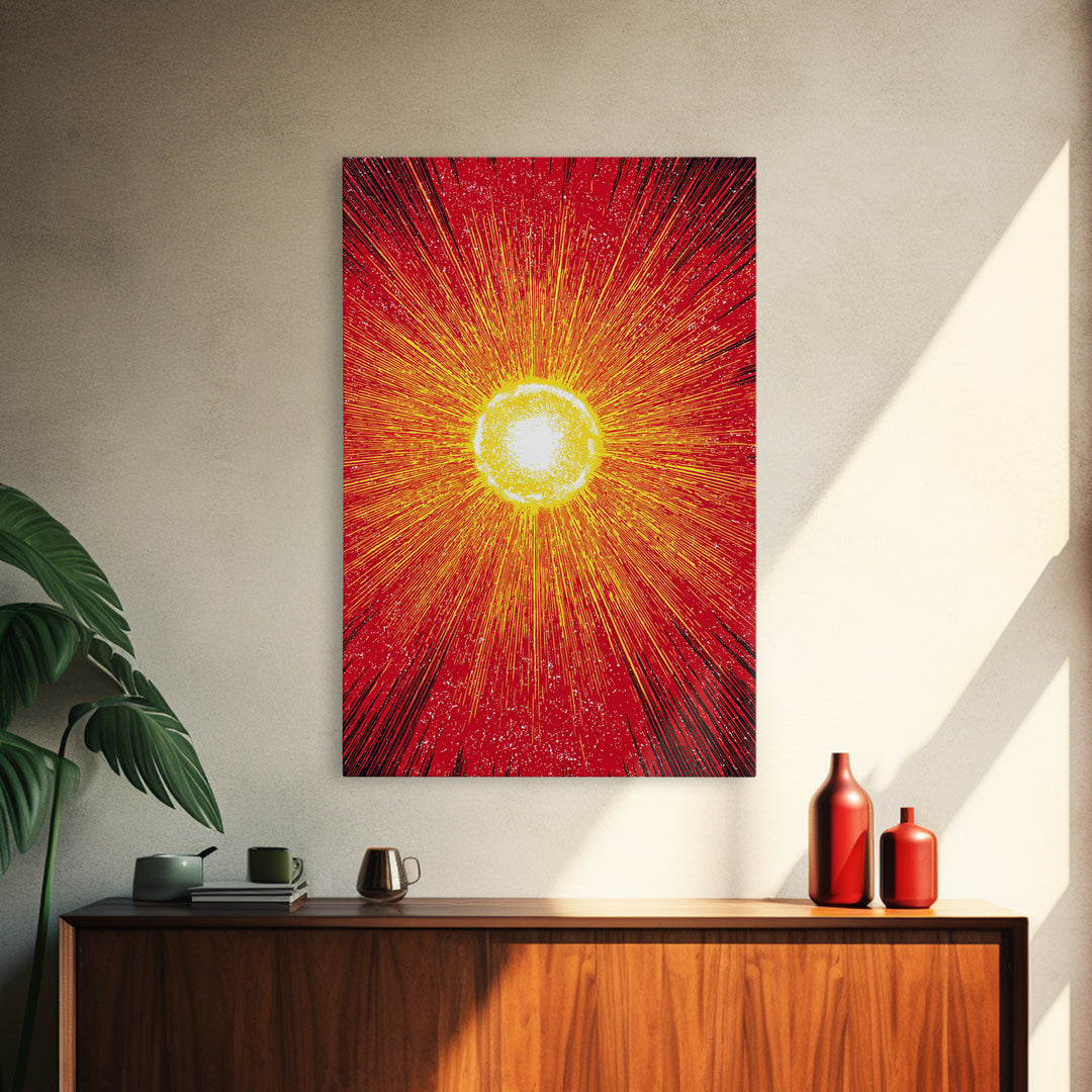 Blazing Red Solar Sun Wall Art, Mid Century Modern Abstract Poster, Orange Yellow Energy Rays, Atomic Retro Decor Print Gift