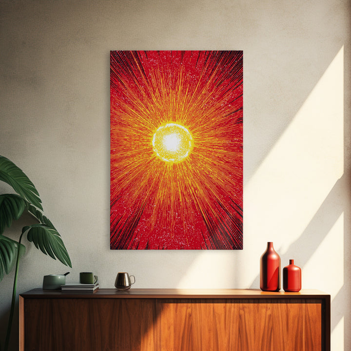 Blazing Red Solar Sun Wall Art, Mid Century Modern Abstract Poster, Orange Yellow Energy Rays, Atomic Retro Decor Print Gift