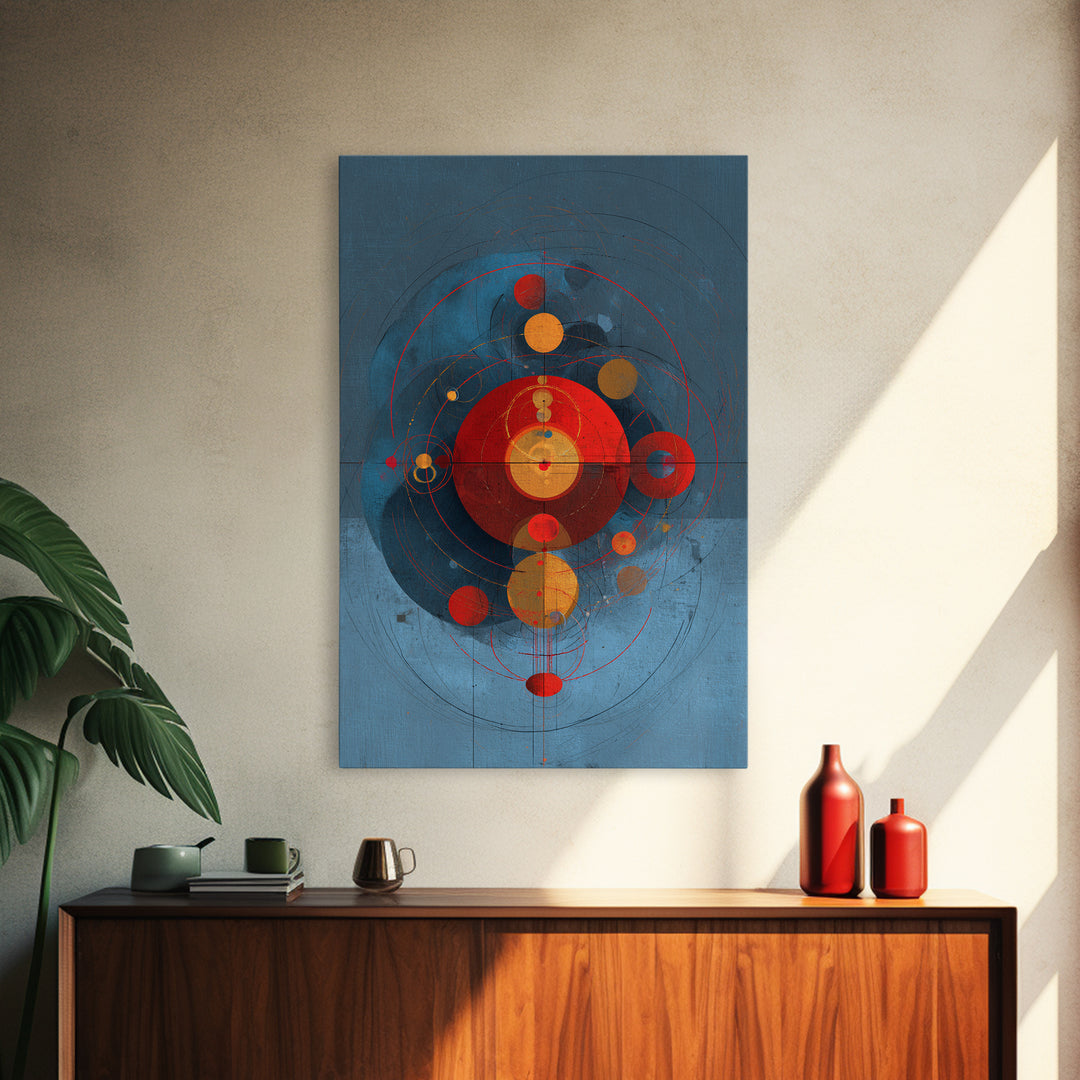 Blue Red Orbital Geometry Canvas Print, Mid Century Modern Abstract Wall Art, Atomic Circles Poster, Bauhaus Home Decor Gift