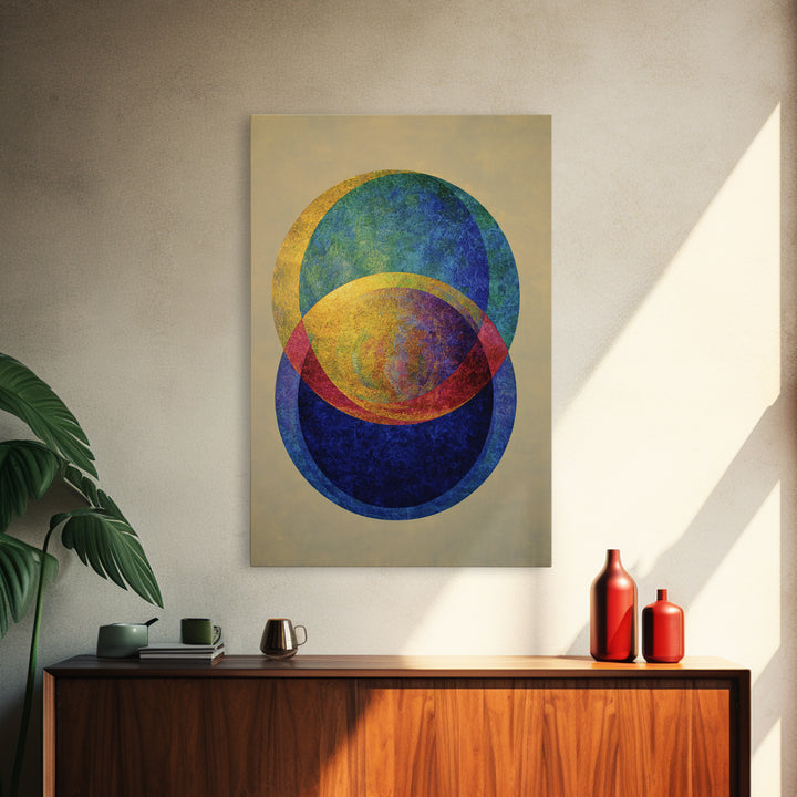 Overlapping Circle Geometry Framed Canvas Print, Mid Century Modern Abstract Wall Art, Colorful Bauhaus Decor, Textured Poster