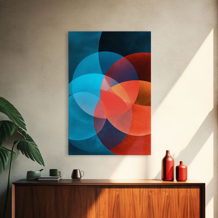 Vivid Teal Orange Circles Abstract Canvas Print, Midcentury Modern Geometric Wall Decor, Retro MCM Living Room Art, Home Office Decor