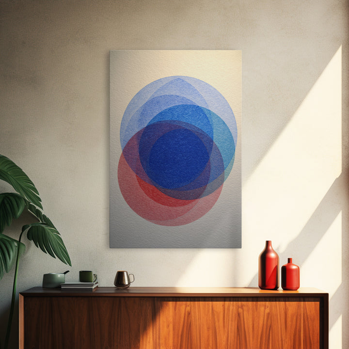 Soft Blue Red Overlapping Circles Framed Canvas Print, Minimalist Midcentury Modern Wall Art, Geometric Bedroom Decor, Blue Art Print