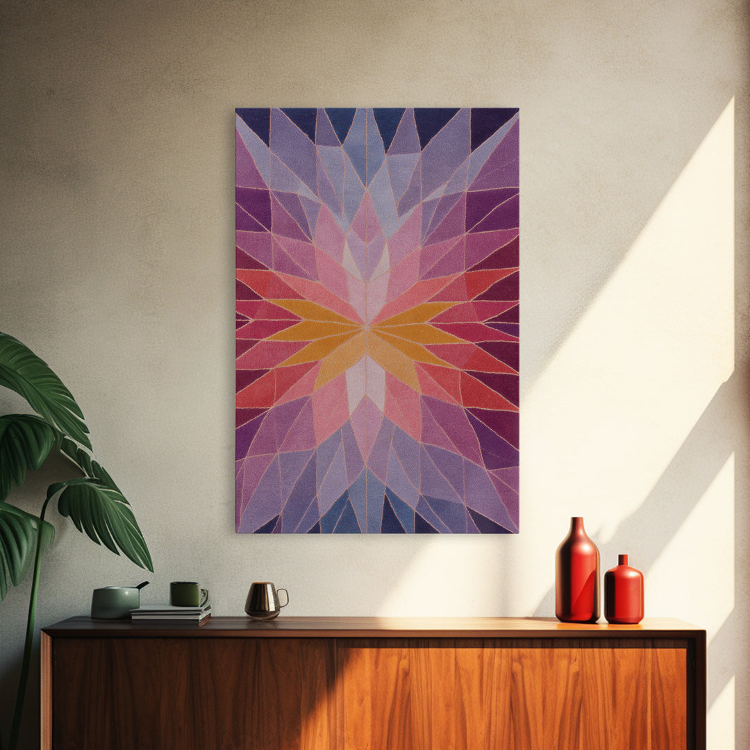 Pink Orange Faceted Star Flower Canvas Print, Midcentury Modern Abstract Art, Geometric Wall Decor For Bedroom Living Room